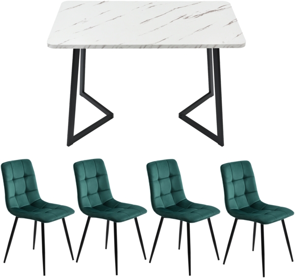 Esstisch Set 1 Tisch + 4 Stühle 117x68x75cm Samt Polster Modern Esszimmerküche Wohnzimmer Weiß Bild 4