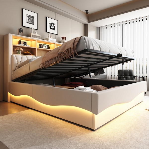 HAUSS SPOLE Polsterbett 180×200 mit hydraulischem Stauraum, LED-Licht, USB-Ladeanschluss Beige (mit Hydraulischem Stauraum, APP-gesteuertes LED-Lichtband, USB-Ladeanschluss, Leinenbezug, Platzsparendes Bett mit Stauraum für Bücher und Bettzeug, 180x200...