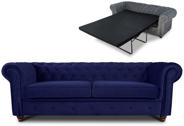 Schlafsofa Chesterfield Asti Bis 3-Sitzer, Sofa mit Schlaffunktion, Couch 3-er, Couchgarnitur, Sofagarnitur, Holzfüße - Glamour Design, Velours (Dunkelblau (Velvet 86))