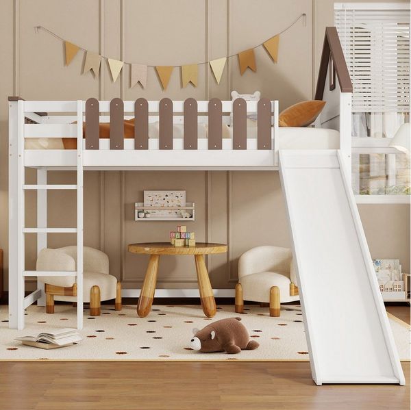 Merax Hochbett (Kieferholzbett, Etagenbett mit Dach und Fenster) Kinderbett 90x200cm mit Rutsche und dreistufiger Leiter, Haus-Design