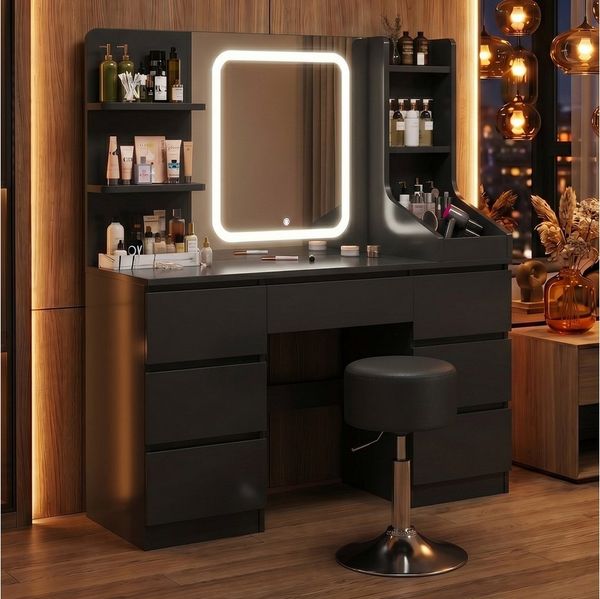 HOMALL Schminktisch Set aus Schminktisch und Hocker, mit LED-Beleuchtung (Maße: 110 x 40 x 139 cm, dimmbare Beleuchtung, inklusive Hocker und Schminktisch, mit 7 Schubladen und 8 offenen Fächern)