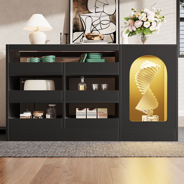 Sideboard mit Glasoberseite, 6 Schubladen & LED, 120 x 40 x 75 cm, Schwarz