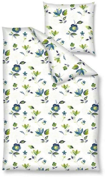 Nanette Bettwäsche Baumwolle, Renforcé, 2 teilig, Blumen auf weißem Hintergrund, blau, grün