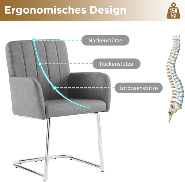 Merax 2er Set Esszimmerstühle, Polsterstühle, mit vertikalen Streifen, Gepolsterter Sessel mit zickzackförmige Metallbeine, Lounge-Stuhl, Wohnzimmerstuhl, PU, grau Bild 6