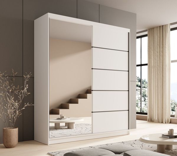MOEBLO Schiebetürenschrank Nexo 180 (Moderner Kleiderschrank mit Spiegel für Schlafzimmer und Ankleidezimmer, 2 Schiebetüren, 6 Einlegeböden, stabile Kleiderstange, Kleiderschrank 2-türig Schrank Garderobe Schlafzimmer Drehtürenschrank mit Spiegel) (Bx...