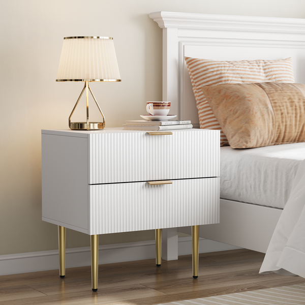Kommode 52.5 x 41.3 x 53 cm mit 2 Schubladen, modernes Nutdesign in Weiß mit Metallgriffen