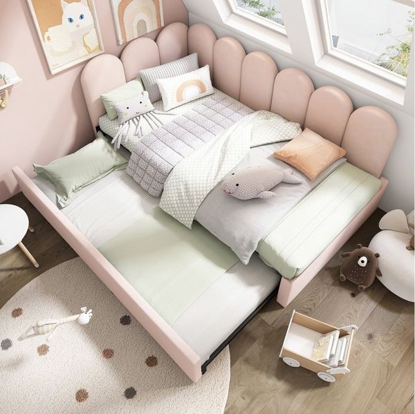 i@home Daybett Polsterbett 90x200 cm mit Ausziehbett 90x190 cm, Samt, Gitter-Design, Seitenteile tauschbar, beige/grau/rosa