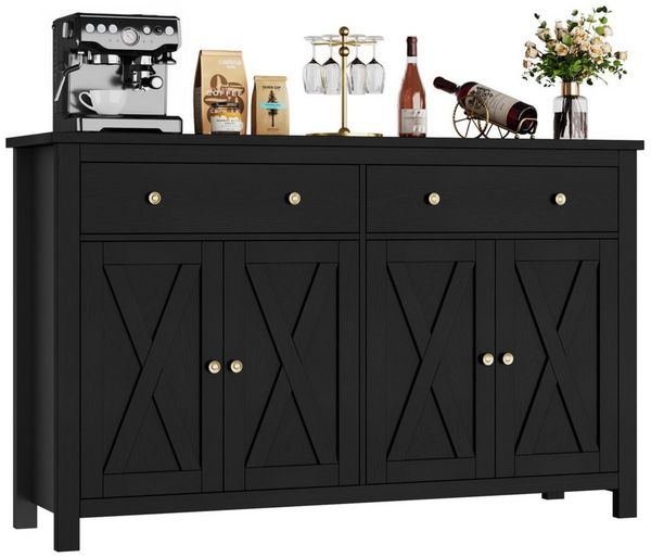 Homfa Sideboard für Küche 140cm Breit, Küchenschrank Buffetschrank 2 Schubladen 4 Türen 140x40x89cm schwarz