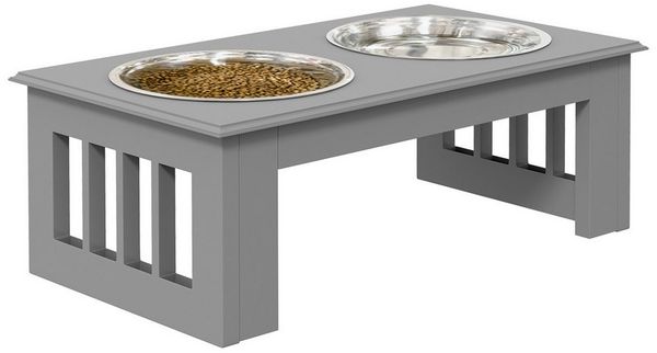 PawHut Futternapf Hundenapf mit 2 Näpfe, Pflegeleicht, aus Edelstahl, MDF, Edelstahl, MDF, für Wohnzimmer, Balkon, Grau