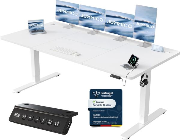 JUMMICO Schreibtisch elektrisch höhenverstellbar mit USB-Ladeanschluss, Weiß, 200x80 cm