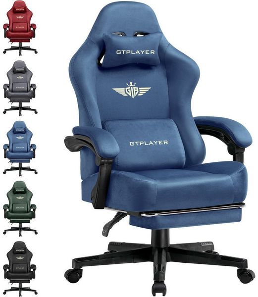GTPLAYER Gaming Stuhl, Atmungsaktiver Bürostuhl, bürostuhl ergonomisch, Hochwertiger - Stoff, Ergonomischer PC Stuhl, 160° Verstellbare Rückenlehne und ausziehbare Fußstütze, Blau