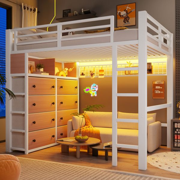 Merax Hochbett, Metall Kinderbett 140x200cm mit 8 Schubladen LED-Beleuchtung Lochwand, Weiß