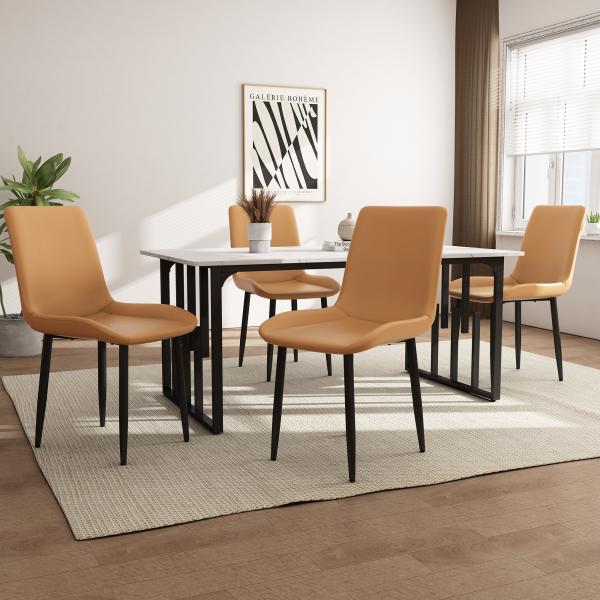 Merax Essgruppe (5-tlg),Esstisch mit 4 Stühlen Set, 140×80cm Küchentisch mit Schwarz Metallbeinen,Weißer MDF-Desktop,Spleißen von Tischplatten,Braun PU Kunstleder Esszimmerstühle Mit Großzügiger Sitzecke