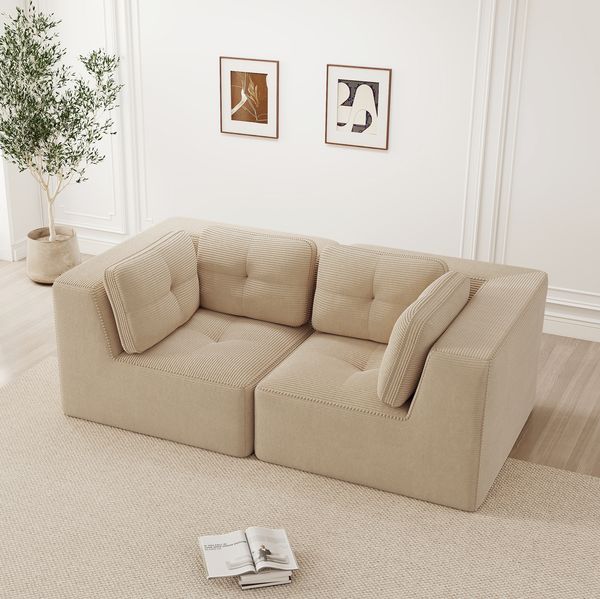 Modulares 2-Sitzer-Sofa, Cord, rahmenlos, mit 104 cm Tiefe & kein Aufbau, 208x104x69 cm, Beige