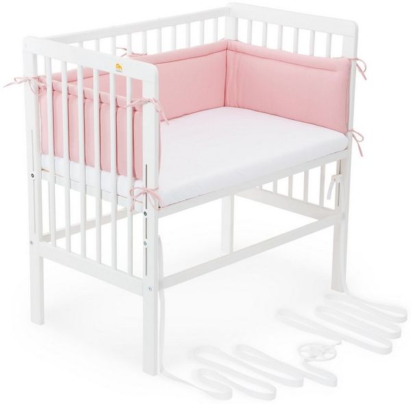 FabiMax Beistellbett Babybett Boxspring weiß lackiert, 90x55 cm Liegefläche, aus Buchenholz, Stufenlos höhenverstellbar 40-73 cm, Holz-Lattenrost