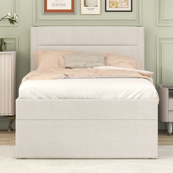 Polsterbett 90x200 cm, Leinenbezug, Metalll-Lattenrost und großer Unterbett-Stauraum,Beige