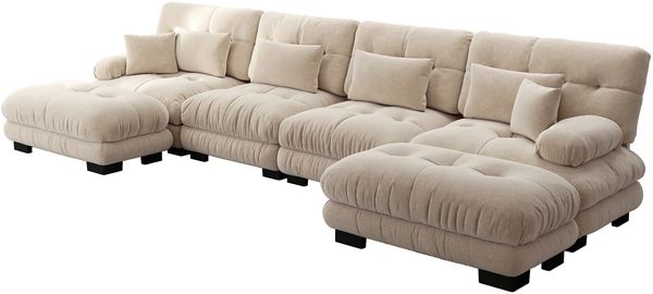 Sofa modular 5-teilig Lichtkaffee, Chenille, flexibel als Eck- oder U-Sofa – tiefer Sitz, runde Polsterarmlehnen, Cloud-Komfort,H 81 x T 406 x B 145 cm Bild 5