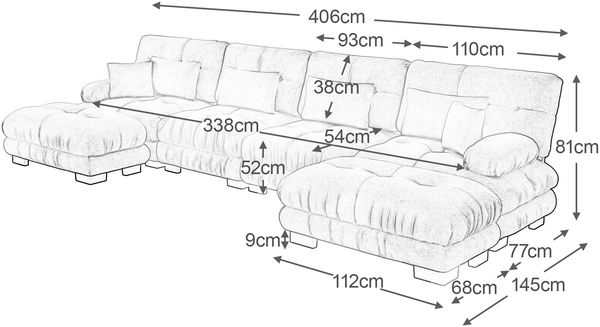 Sofa modular 5-teilig Lichtkaffee, Chenille, flexibel als Eck- oder U-Sofa – tiefer Sitz, runde Polsterarmlehnen, Cloud-Komfort,H 81 x T 406 x B 145 cm Bild 3