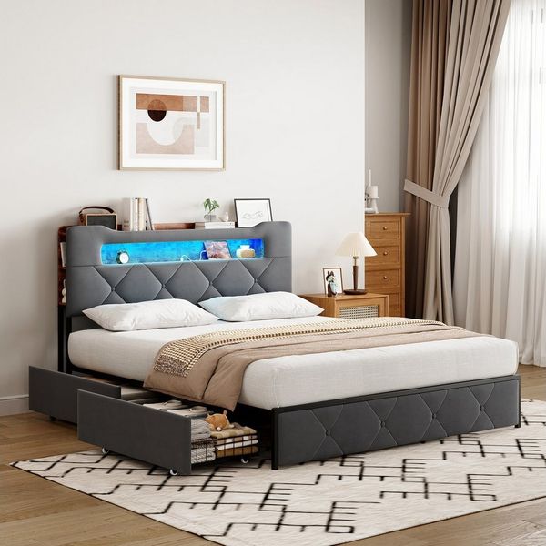 Simurq Polsterbett Polsterbett 140x200 Doppelbett mit LED und 4 Schubladen (Lattenrost,Doppelbettgestell,ohne Matratze), Funktionsbett Stauraumbetten bett 140x200 Samt