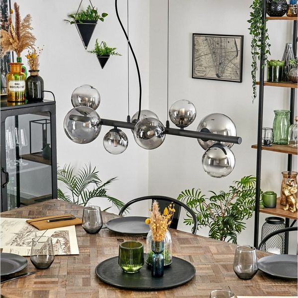 hofstein Pendelleuchte Hängelampe aus Metall/Glas in Schwarz/Rauchfarben/Klar, ohne Leuchtmittel, Hängeleuchte im Retro/Vintage-Design mit Glasschirmen, 8 x G9