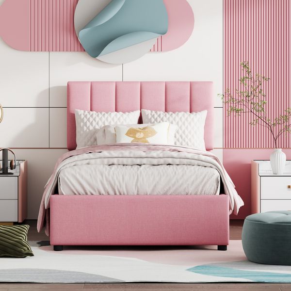 Polsterbett 90x200 cm mit Stauraum aus Leinen in Rosa – klassisches Kinderbett mit hydraulischem Bettkasten
