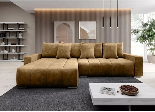 Muffo Ecksofa PIANO, elegante vertikale Nähte, Bettzeugablage, Schlaffunktion 234x137, Lose Rückenkissen