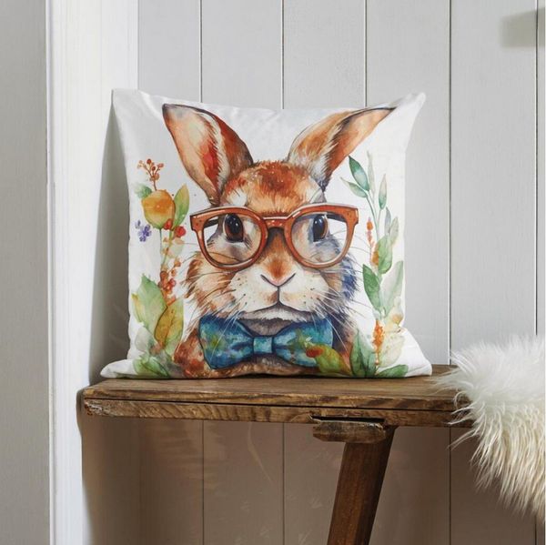Home-trends24. de Kissenhülle Hase mit Brille Kissenbezug Kissenhülle Deko Ostern Couch 45 x 45 cm