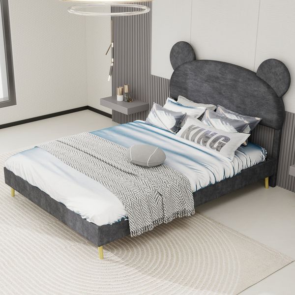 Flieks Kinderbett 140x200cm, Polsterbett mit Cartoon-Kopfteil, Doppelbett mit Holzbeinen, Samt, Grau