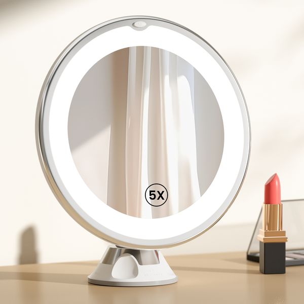 EMKE Kosmetikspiegel mit beleuchtung mit 5 fach Vergrößerungsspiegel, LED Schminkspiegel 360° Schwenkbar mit Saugnapf,175 mm Durchmesser Tragbarer Wandspiegel Batteriebetrieben(Weiß)