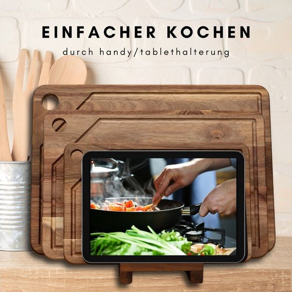 PEGSEN Schneidebrett Set Küchenbretter aus Holz mit Saftrille & Brettständer, Akazie, (Set, 4-St, 3 Schneidebretter mit Holzständer), inkl. Tablet - und Handyhalterung