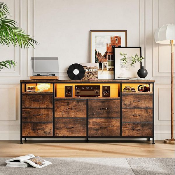 GarveeMore TV-Schrank Industrieller Sideboard Mehrzweckschrank Kommode mit 10 Schubladen Media-Board Stauraumschrank mit Steckdose, USB-Anschluss & RGB-LED