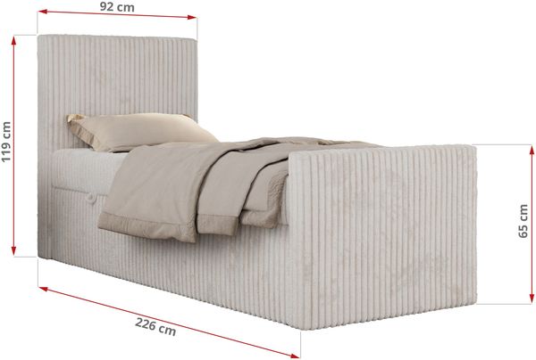 Boxspringbett 90x200 TILIO DUO inkl. Bettkasten & 7-Zonen Multipocket-Matratze, Modernes Jugendbett, Einzelbett - Beige Cord - H3 - Links Bild 5