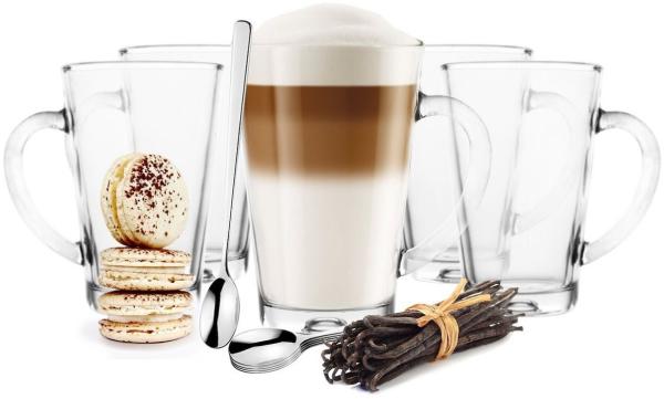 6 Latte Macchiato Gläser 300ml mit Henkel und 6 Löffeln, Tee-/ Kaffeegläser