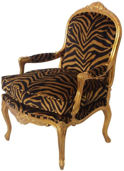 Casa Padrino Luxus Barock Sessel Gold / Schwarz / Gold 69 x 77 x H. 108 cm - Edler Mahagoni Wohnzimmer Sessel mit elegantem Tiger Muster - Barock Möbel