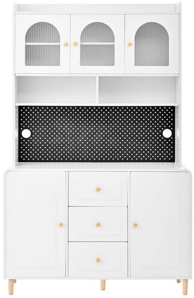 BlingBin Küchenbuffet Hochschrank mit Lochbrett und Massivholzbeine, Barschrank mit Stauraum (1er Set, 1-St, Produktgroße: 120×40×190 cm, Belastbarkeit: Arbeitsplatte-50kg, Weiß) Küchen-Buffetschrank mit Schubladen, Ideal für Küche und Esszimmer