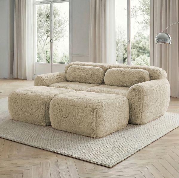Modulares Sofa in 204×179×73 Hellkhaki aus Plüsch – rahmenloses 2-Sitzer-Sofa mit Ottomans, montagefrei