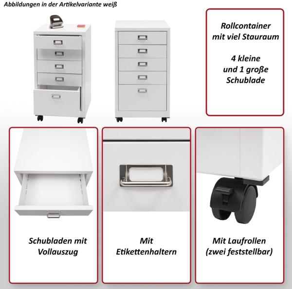 Rollcontainer HWC-L49, Schubladenschrank Stahlschrank Aktenschrank, Metall 75x40x41cm 5 Schubladen ~ weiß Bild 2