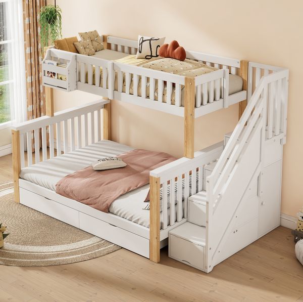 Kinder-Etagenbett aus Massivholz mit Stauraum, 140x200 cm, Weiß/Natur, ohne Matratze