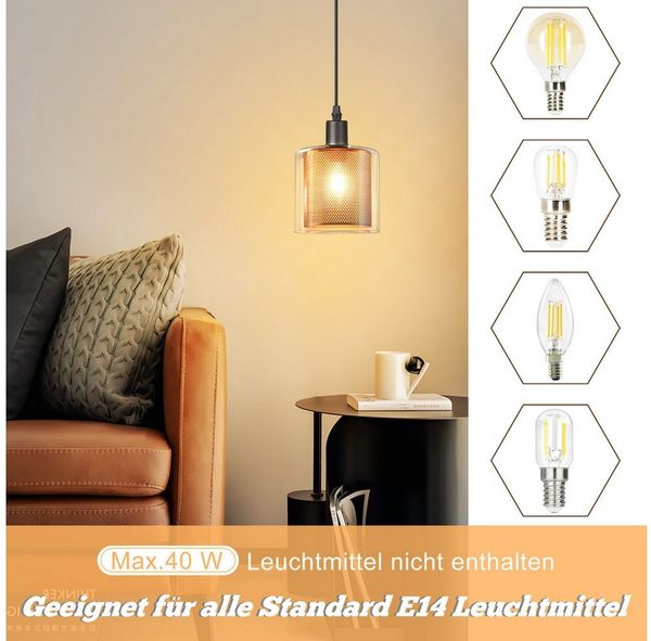 Nettlife Pendelleuchte Vintage Glas Gold E14 1 Flammig Esszimmer Hängelampe mit Stecker, mit Stecker und Schalter, LED wechselbar, Retro Esstisch Hängeleuchte für Wohnzimmer Küche