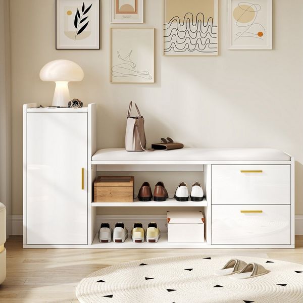 Merax Schuhbank Hochglanz in Weiß, mit gepolsterter Sitzfläche & verstellbaren Böden (Schuhregal für Flur oder Wohnzimmer, 1-St, 128×30×68 cm), Schuhschrank mit 2 Schubladen, 1 Schrank & 2-stöckigem Schuhregal