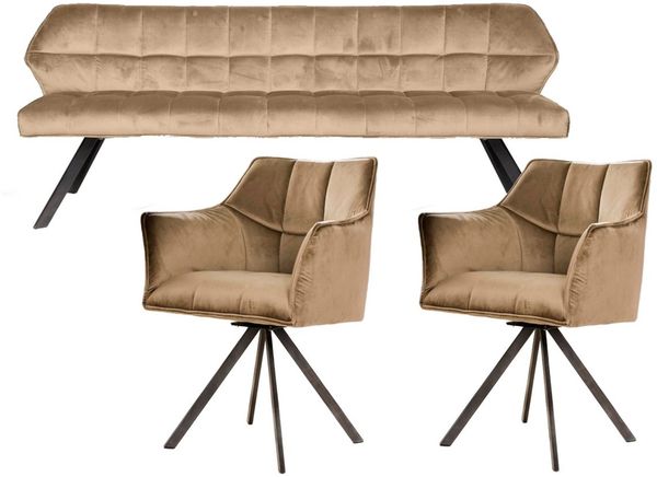 Vintagehaus Polsterbank Set Esstischbank Raster + 2 Armlehnstühle Samt oder Strukturstoff (3 teiliges Set), Frei im Raum aufstellbar