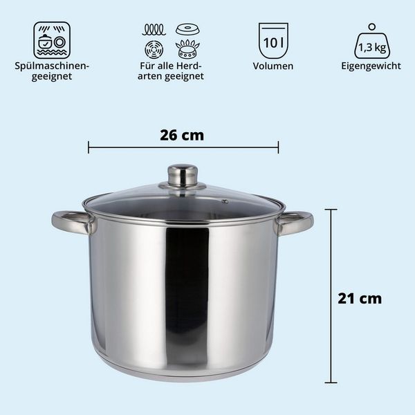 KHG Suppentopf XXL Kochtopf 26 cm Durchmesser, inkl. Glasdeckel, Edelstahl, 10 Liter Volumen, Glasdeckel, für alle Herdarten inklusive Induktion
