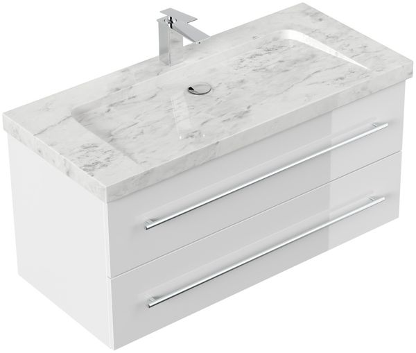 Badmöbel Marmor Carrara White Damo 100 cm 1 Hahnloch SoftClose weiß hochglanz : Weiss hochglanz