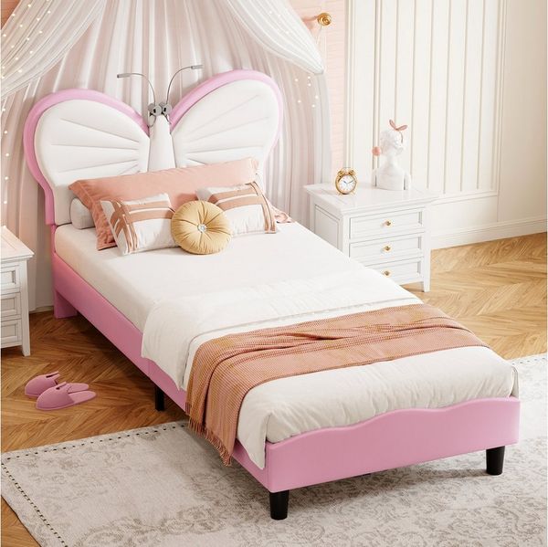 ADWOLT Polsterbett Kinderbett Einzelbett mit Schmetterlings-Kopfteil und LED, Kopfteil hochstellbar, Kinderbett 90x200cm,Rosa