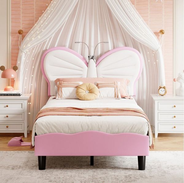 ADWOLT Polsterbett Kinderbett mit Schmetterlings-Kopfteil und LED, Kopfteil hochstellbar, Einzelbett 90x200cm,Rosa