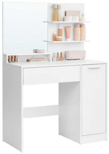 Vasagle Schminktisch, Schminkkommode, Frisiertisch, mit Spiegel, Aufbewahrungsfach, 1 Schublade, 2 Ablagen, weiß
