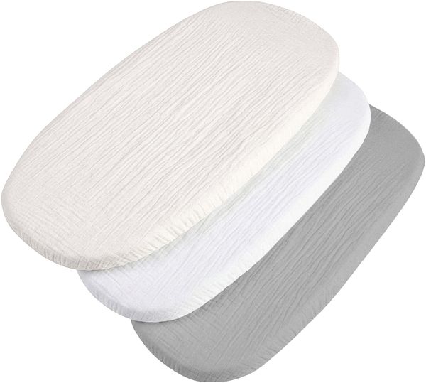 Medi Partners Spannbettlaken Musselin Baby Kinderwagen Laken 86x40 3-Pack Bettlaken Stubenwagen - 100% Baumwolle Musselinlaken Fitted Sheet für Beistellbett Babybett Bezug (Beige-Weiß-Graue)