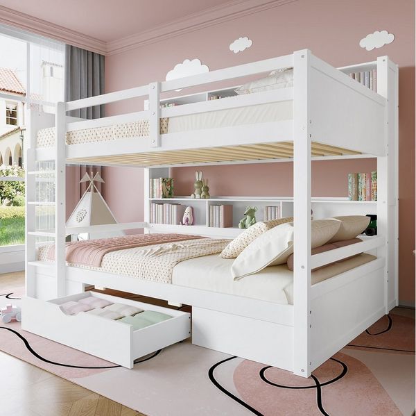 MODFU Etagenbett Hochbett aus Holz (Kinderbett, Gästebett, Jugendbett, mit Stauraum und Schublade), ohne Matratze