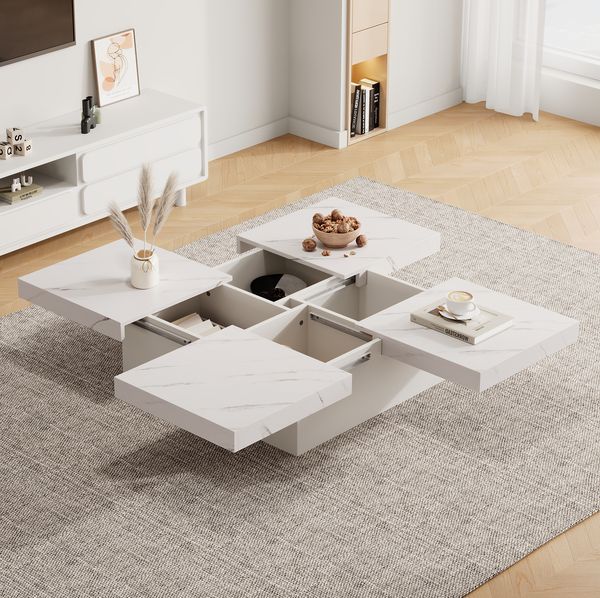Couchtisch 90 x 90 x 25 cm mit 4 Schubladen – Wohnzimmertisch in Weiß mit schiebbarer Platte und Marmor-Optik