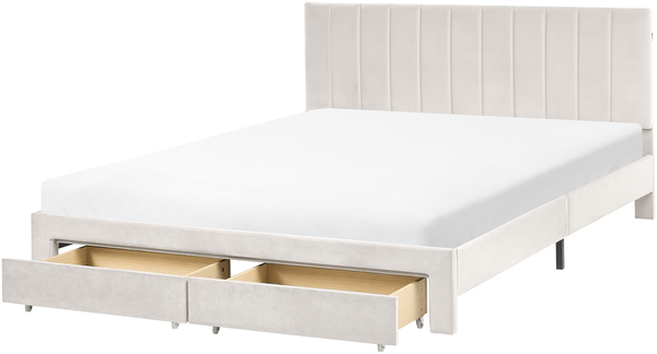 Bett mit Schubladen Samtstoff LONZAC 160 x 200 cm Cremeweiß